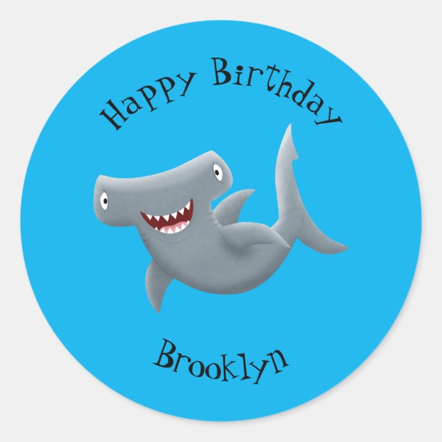 Adesivo Redondo Animação engraçada de tubarão Hammerhead (Frente)