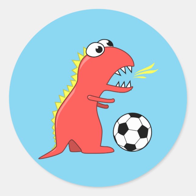 Adesivo Redondo Animação Engraçada Dinossauro Jogando Futebol (Frente)