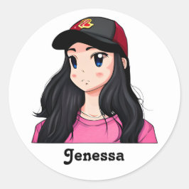 Adesivo Redondo Animadora de Cabelo Negro Olhado Azul Personalizad