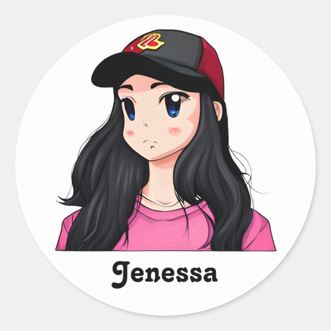 Adesivo Redondo Animadora de Cabelo Negro Olhado Azul Personalizad (Frente)