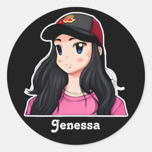 Adesivo Redondo Animadora de Cabelo Negro Olhado Azul Personalizad