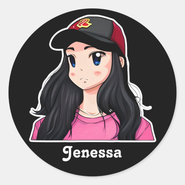 Adesivo Redondo Animadora de Cabelo Negro Olhado Azul Personalizad (Frente)