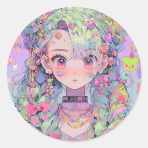 Adesivo Redondo Animadora do Pastel Harajuku Kawaii com Braids