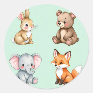 Adesivo Redondo Animais Bebês Adoráveis da Floresta em Aquarela Pa