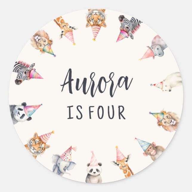 Adesivo Redondo Animais com chapéus de festas (Frente)