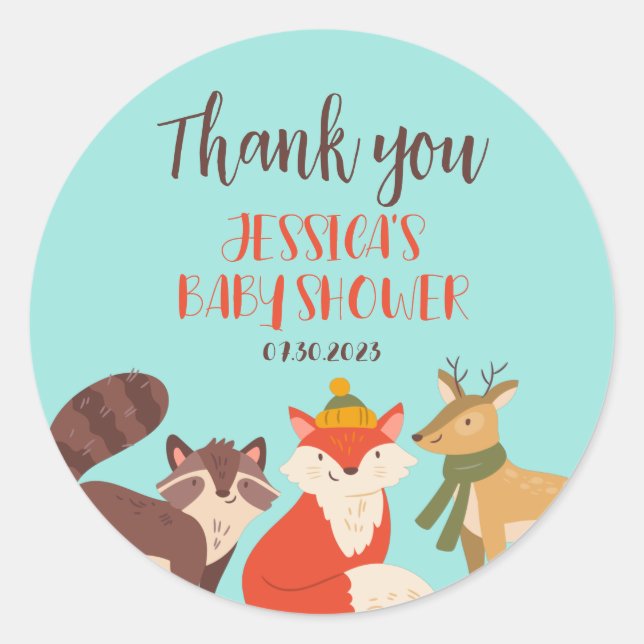 Adesivo Redondo Animais da Floresta de Outono Festa de Bebê da Tem (Frente)
