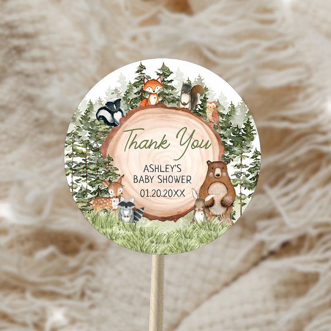 Adesivo Redondo Animais da Floresta Fatia de Madeira Chá de Bebê (Woodland Animals Wood Slice Baby Shower Sticker)
