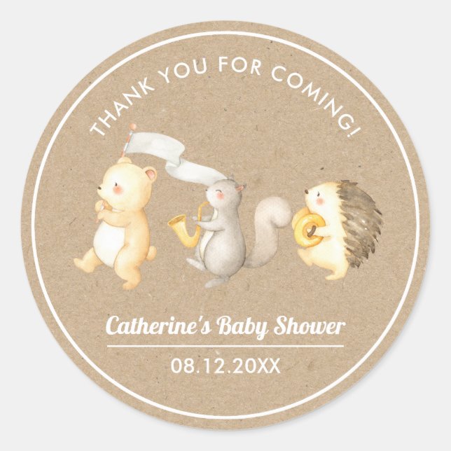 Adesivo Redondo Animais Da Floresta Obrigado Chá de fraldas (Frente)