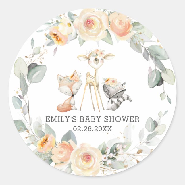 Adesivo Redondo Animais Da Floresta Whimsical Favor Floral Amarelo (Frente)