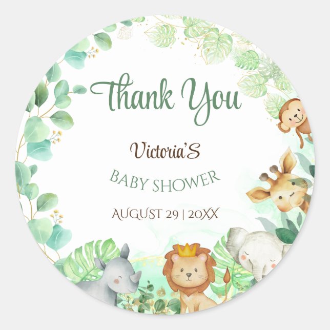 Adesivo Redondo Animais da Selva Dourados Chá de fraldas de Botâni (Frente)