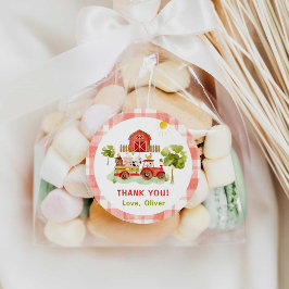 Adesivo Redondo Animais de fazenda do trator vermelho de aniversár