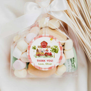 Adesivo Redondo Animais de fazenda do trator vermelho de aniversár