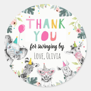 Adesivo Redondo Animais de Festa Safari Garota Rosa Obrigada Selva