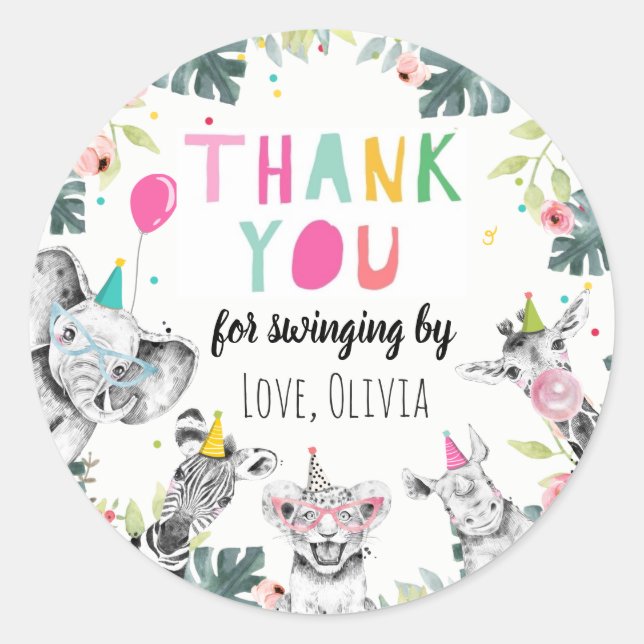 Adesivo Redondo Animais de Festa Safari Garota Rosa Obrigada Selva (Frente)