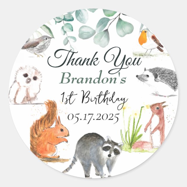 Adesivo Redondo Animais de Floresta Cura primeiro aniversario Selv (Frente)