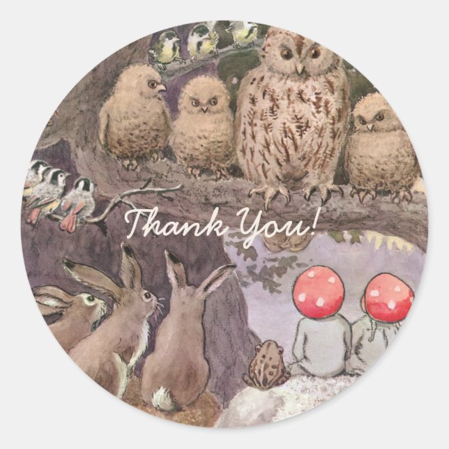 Adesivo Redondo Animais de floresta e crianças Elsa Beskow (Frente)