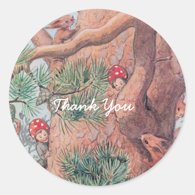 Adesivo Redondo Animais de floresta e crianças Elsa Beskow (Frente)