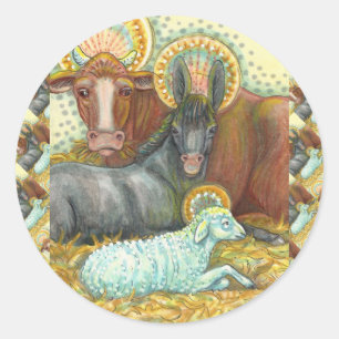 ADESIVO REDONDO ANIMAIS DE NATIVIDADE ESTÁVEIS, OX, DONKEY E OVIN