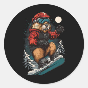 Adesivo Redondo Animais De Snowboard - Castor Num Snowboard Snowbo