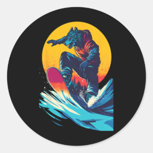 Adesivo Redondo Animais De Snowboard - Lobo Num Snowboard Snowboar