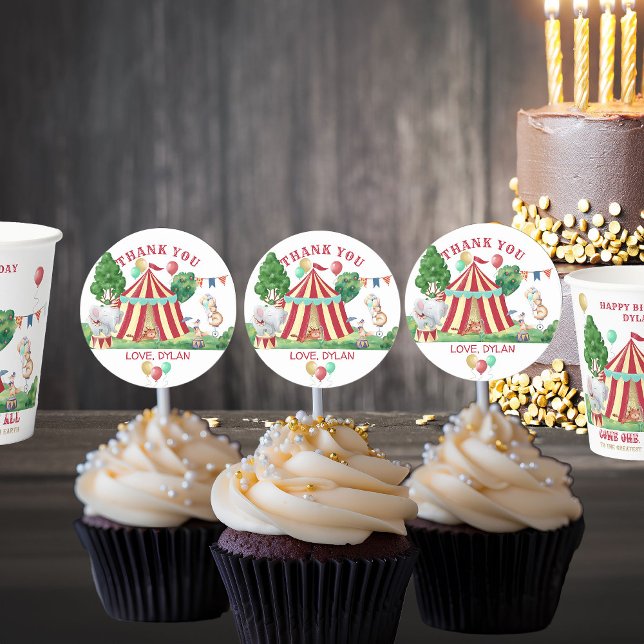 Adesivo Redondo Animais do Carnaval e Big Top Obrigado (Circus Themed Stickers personalized for Kids Birthday)