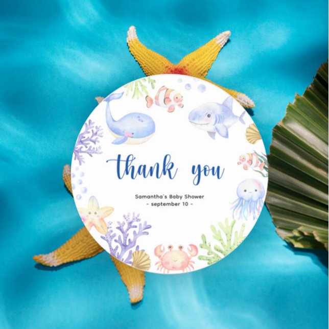 Adesivo Redondo Animais do oceano aquarela - obrigado chá de frald (Criador carregado)