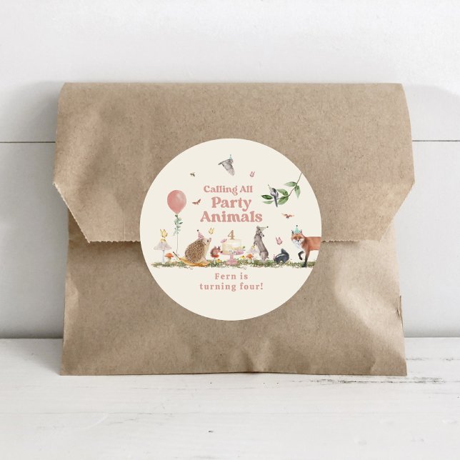 Adesivo Redondo Animais do Partido Woodland Festa de aniversário R (Criador carregado)