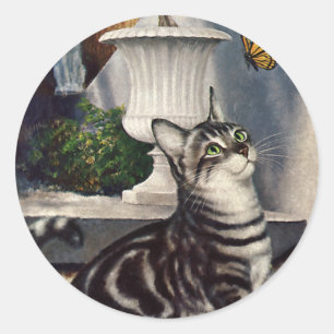 Adesivo Redondo Animais do vintage, gato de gato malhado bonito e