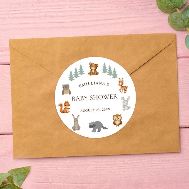 Adesivo Redondo Animais florestais da floresta Sexo Chá de fraldas (Woodland Forest Animals Gender Neutral Baby Shower Classic Round Sticker)