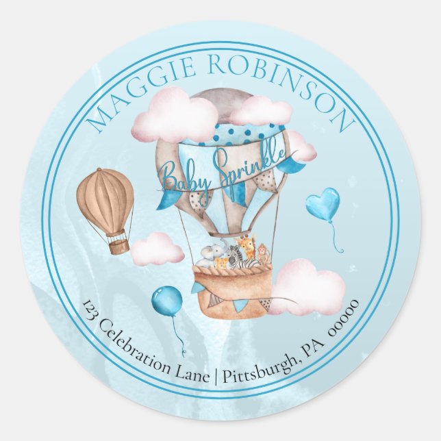 Adesivo Redondo Animais Safari Balões Sprinkle Endereço de Regress (Frente)