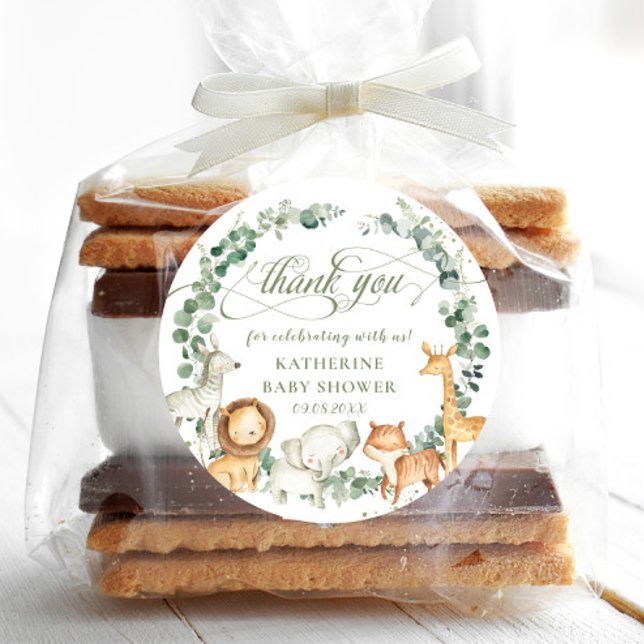 Adesivo Redondo Animais Selvagens Cultivam Chá de fraldas Neutro (cute jungle animals greenery gender neutral baby shower birthday baptism circle round sticker labels)