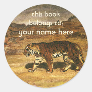 Adesivo Redondo Animais selvagens do vintage, Bookplate do tigre