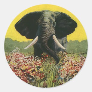Adesivo Redondo Animais selvagens do vintage, elefante africano do