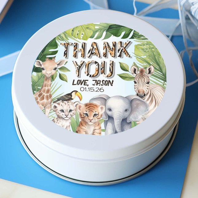 Adesivo Redondo Animais Selvagens Selvagens Azuis - Obrigado por (Safari themed birthday thank you stickers)