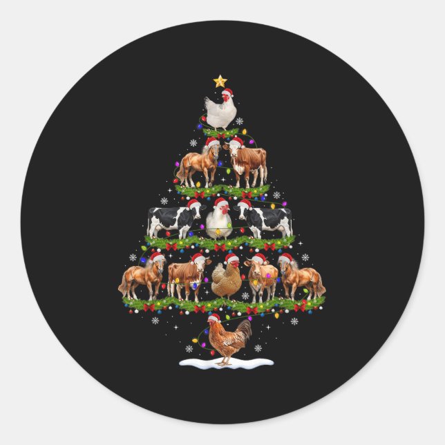 Adesivo Redondo Animal Christmas Tree Lights Chicken Cow Goat Farm (Frente)