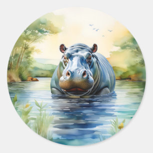 Adesivo Redondo Animal Watercolor Hippopotamus