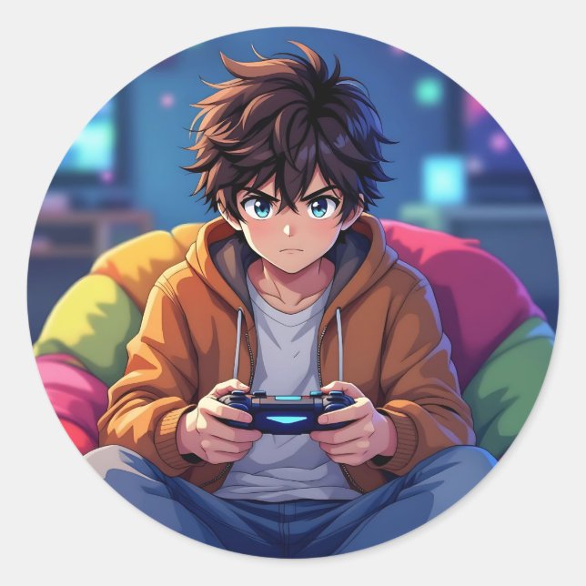 Adesivo Redondo Anime Boy playing Video Game  (Frente)