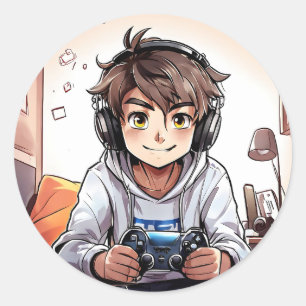 Adesivo Redondo Anime Boy tocando Videos games