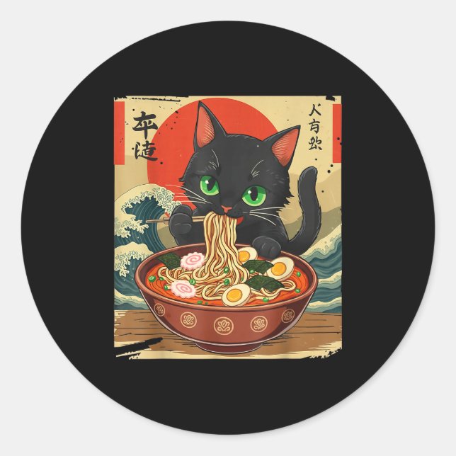 Adesivo Redondo Anime Cat Eating Ramen Japanese Art Graphic Cat Cu (Frente)