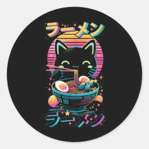 Adesivo Redondo Anime Cat Eating Ramen Japonês Ramen Cat Japão
