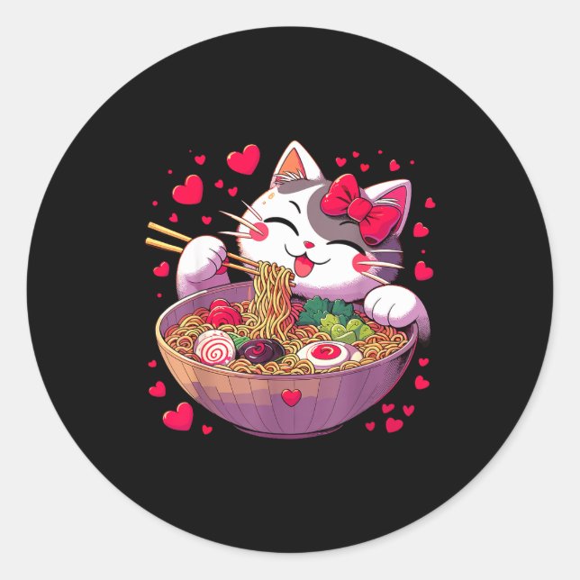 Adesivo Redondo Anime Cat Eating Ramen Noodles With Hearts Valenti (Frente)