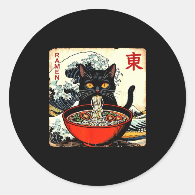 Adesivo Redondo Anime Cat Ramen Japanese Funny Graphic Tees Kawaii (Frente)