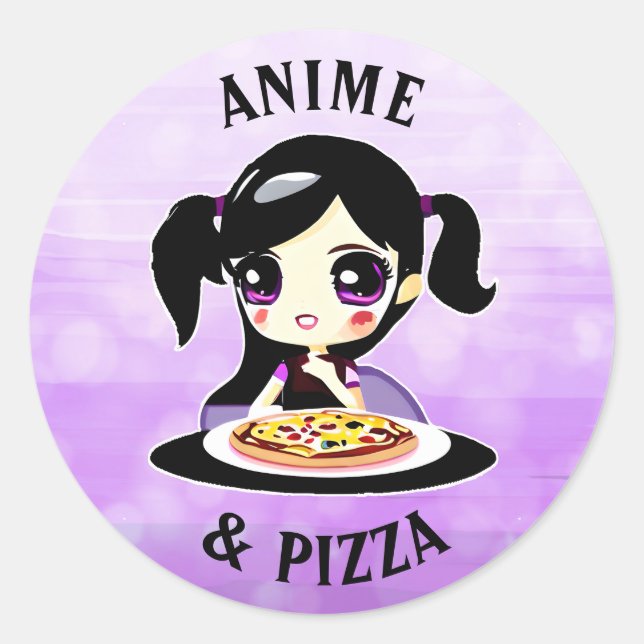 Adesivo Redondo Anime e Pizza - Cartoon Preto e Púrpura (Frente)