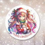 Adesivo Redondo Anime Girl in Santa Hat Watercolor Christmas<br><div class="desc">Garota de anime de aquarela em Papai Noel com adesivos de Natal bonitinhos.</div>