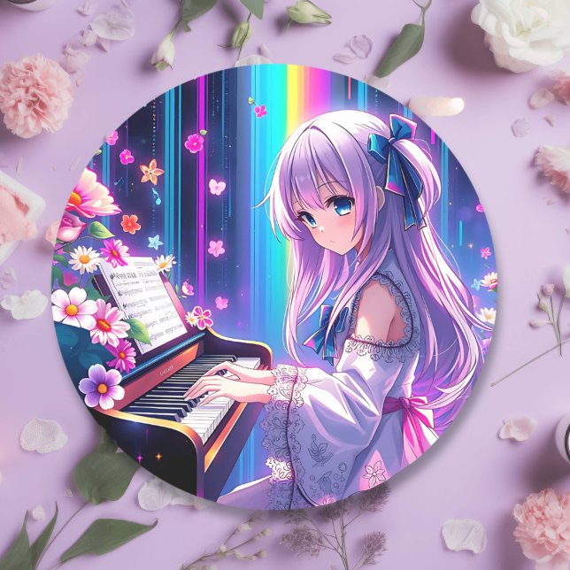 Adesivo Redondo Anime Girl tocando piano (Criador carregado)