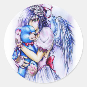 Adesivo Redondo Anime Gótico Menina Anjo Rosa Com Teddy