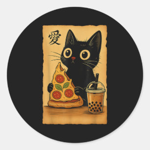Adesivo Redondo Anime Kawaii Japonês Cat Zza A Tea Cat Comendo Zza