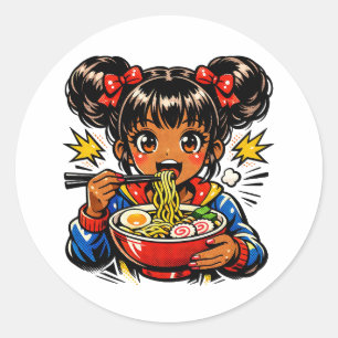 Adesivo Redondo Anime Menina Sorvendo Macarrão Ramen