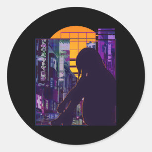 Adesivo Redondo Anime Triste, Anime Japonês Aestético Vaporwave