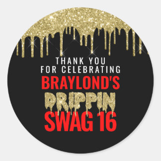 Adesivo Redondo Aniversário 16 com Drip de Ouro e Vermelho Swag